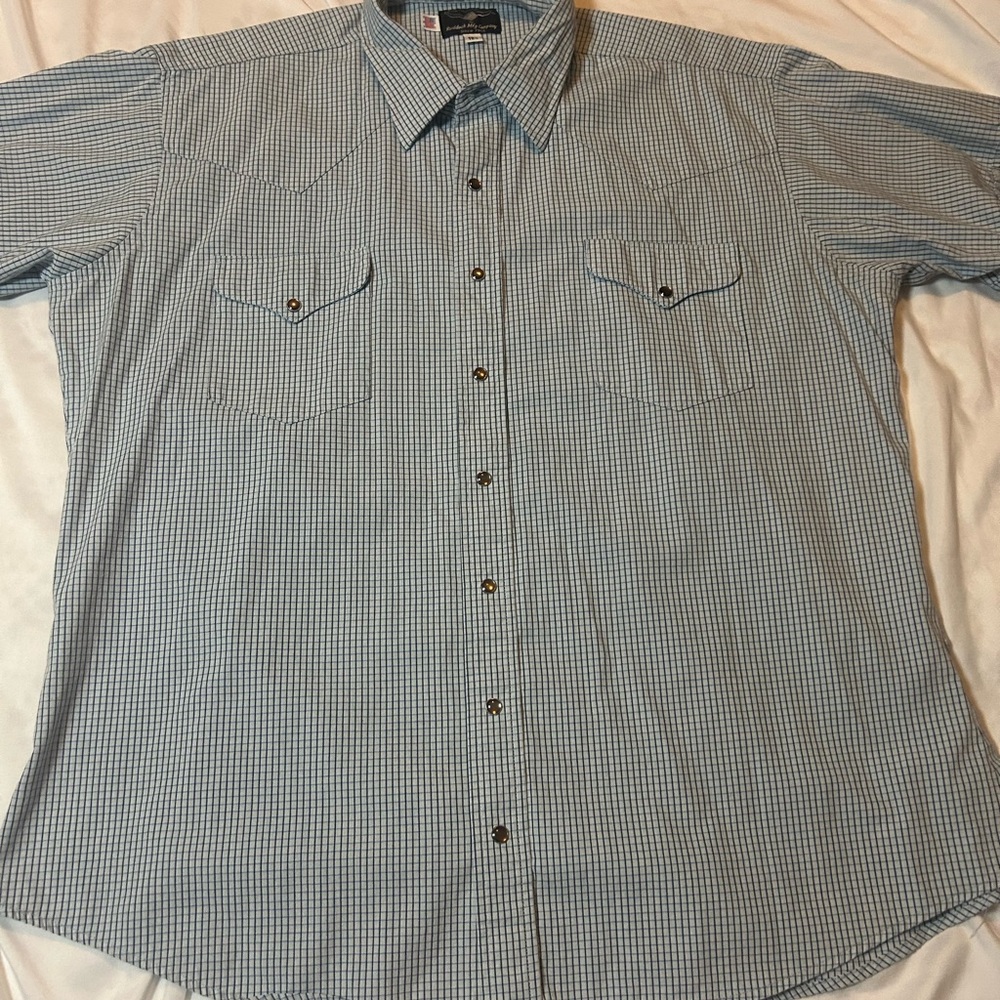 Flying R Ranchwear Shirt Men L Blue Plaid Pearl Snap Short Sleeve Cowboy Western